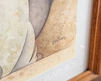 "Mujer Con Metate", a professionally framed print by listed artist, G.E. Mullan circa 1980s. Professionally framed and measures in frame, 28.5” H x 33.5” W.