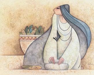 "Mujer Con Metate", a professionally framed print by listed artist, G.E. Mullan circa 1980s. Professionally framed and measures in frame, 28.5” H x 33.5” W.