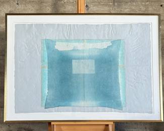 “Crossing Blue Green”, an original mixed media work of art by listed artist, Andrea Way. This piece measures in frame, 38.25” H x 54.25” W. Andrea Way is an American artist currently based in Washington, D.C. Her geometric abstract works stem from a personal fascination with patterns and are based on a system of order and randomness that are labor-intensive, with a “punishing complexity”.