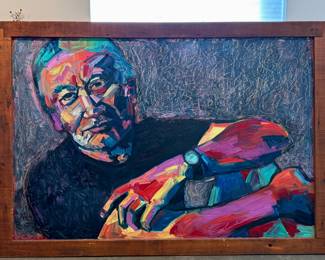 “I Can’t Go On”, an original work of art on board by listed Oregon artist, David Slader. Signed and housed in a solid wood frame with a small notecard included as shown in photos. Measures in frame, 54.5” H x 78” W. David Slader is an Oregon painter, digital artist, sculptor, and photographer. His youthful art ambitions were detoured by an almost forty-year career as a litigator, child-advocate, and attorney for survivors of sexual abuse. Those experiences are reflected in David’s art in a distinctive visual blend of vibrant energy, thoughtful reflection and playfulness. HEAVY!