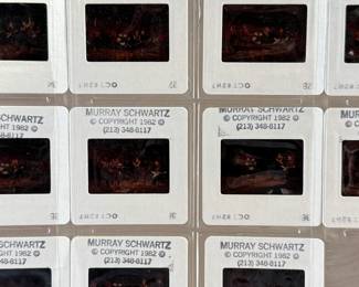 Vintage 35mm slides primarily organized in a transparent holder. Each slide features labels with the name “Richard Creamer” and addresses in Beverly Hills and Los Angeles, CA. Subjects documented include notable music acts that are believed to be Steve Winwood, Donna Summer, and others.