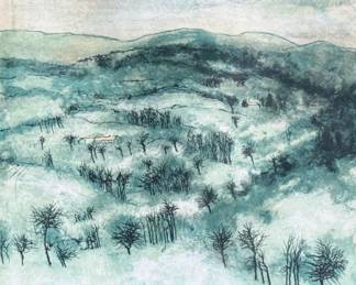 "French Winter", a limited edition lithograph by listed French artist, Bernard Gantner. Signed lower right, professionally framed, and measures in frame, 17” H x 14” W. COA attached on the verso as shown in photos.