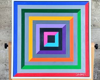 “Offset″, an original acrylic on canvas by listed artist, Camilo Requejo. Measures in frame, 21” H X 21” W. Requejo (1976-) is a Mexican-Spanish architect living in the US with more than 20 years of experience in design and construction, including several residential projects, sports, and medical facilities. Requejo started collecting art from recognized painters and sculptors for the past four years, waking up in him the desire of exploring and transporting his architectural style into art manifestation; combining geometric shapes with color combinations into the canvas.