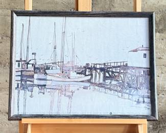 "Harbor Scene", a print by listed artist, James Floyd Clymer circa 1970s. Professionally framed, signed lower right, and measures in frame, 19.75” H x 25.75” W.