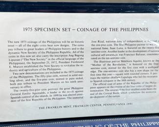 This lot features a 1975 Republic of the Philippines 8-coin specimen set produced by the Franklin Mint. This proof set was issued by the Central Bank of the Philippines and includes denominations from the 1 Sentimo up to the 50 Piso. The set features 1.2166 troy ounces of silver in the higher denomination coins. It includes a square-shaped 1 Sentimo coin and commemorates the “New Society” movement.