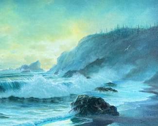 “Misty”, an original oil on canvas by listed artist, Larry Vorhees. Signed lower left, professionally framed, and measures in frame, 33.5” H x 57.5” W.
