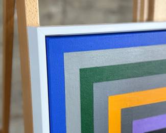 “Offset″, an original acrylic on canvas by listed artist, Camilo Requejo. Measures in frame, 21” H X 21” W. Requejo (1976-) is a Mexican-Spanish architect living in the US with more than 20 years of experience in design and construction, including several residential projects, sports, and medical facilities. Requejo started collecting art from recognized painters and sculptors for the past four years, waking up in him the desire of exploring and transporting his architectural style into art manifestation; combining geometric shapes with color combinations into the canvas.