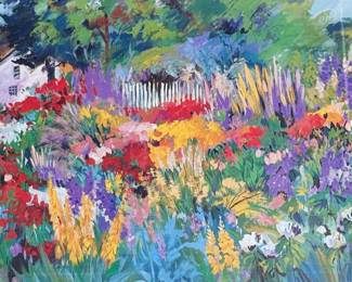 "Artist’s Garden", an original work of art by listed artist, Satsuko Hamilton. Signed lower left, professionally framed, and measures in frame, 27” H x 36” W. Satsuko Hamilton was born in Nagoya, Japan, where she studied traditional flower arranging and the Tea Ceremony. As a young girl growing up in Japan, Satsuko was trained to paint designs on pottery in her parents’ ceramic factory. Her ability for composition and technical application led her to begin painting on paper and canvas. Her explorations in the field of art continued when she married George Hamilton, now a well known artist and teacher who brought her to the U.S.