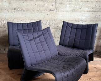 This lot features three (3) Kebe Ribbon Chairs designed by Niels Bendtsen in 1975, featuring a black tubular steel frame and quilted fabric. Each chair measures, 28” H x 25” W x 29” D.