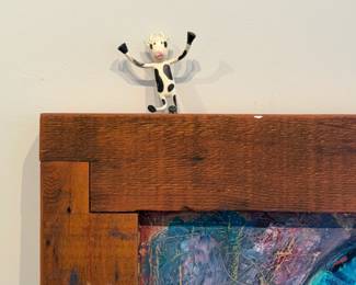 “I Can’t Go On”, an original work of art on board by listed Oregon artist, David Slader. Signed and housed in a solid wood frame with a small notecard included as shown in photos. Measures in frame, 54.5” H x 78” W. David Slader is an Oregon painter, digital artist, sculptor, and photographer. His youthful art ambitions were detoured by an almost forty-year career as a litigator, child-advocate, and attorney for survivors of sexual abuse. Those experiences are reflected in David’s art in a distinctive visual blend of vibrant energy, thoughtful reflection and playfulness. HEAVY!