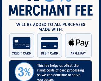 There will be a 3% merchant fee for shoppers using credit card, debit card, and ApplePay. 