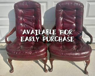 BUY NOW! Queen Anne burgundy leather library chairs — $80 each — Delivery available for an additional charge — call/text 507-458-2542  