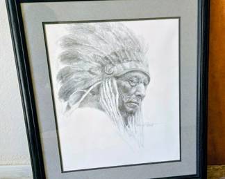 Framed signed Native American Chief pencil portrait art