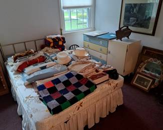double bed, quilts, mid century chest & etc.
