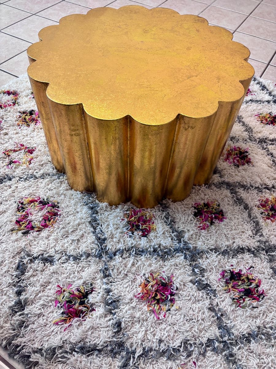gold coffee table and shag area rug 5X7