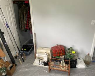 Sewing Machine, Fishing Poles, Glass Bottles