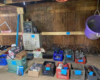 Milk Crates w/ Misc tools, Vintage Steel Wheels, Organizer