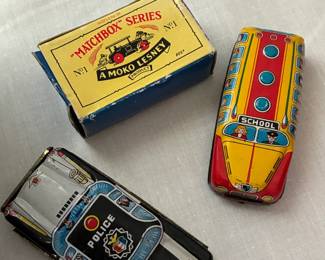 Matchbox car, VIntage model Japanese police car and school bus