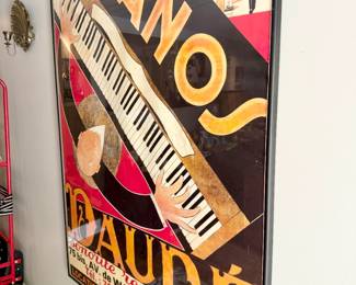 large vintage Art Deco framed lithograph poster titled "Pianos Daudé"