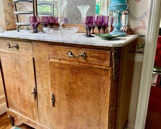 Antique French walnut and burl wood sideboard with marble top featuring brass accents and mirrored back