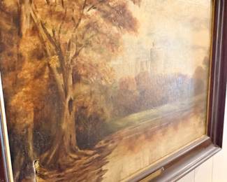vintage framed oil painting depicting a river landscape
