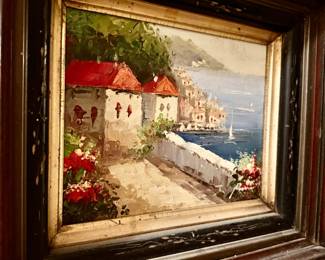 Vintage impasto-style Mediterranean coastal scene oil painting 