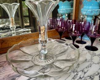 Vintage Duncan Miller Colonial #320 clear glass epergne centerpiece with a trumpet vase