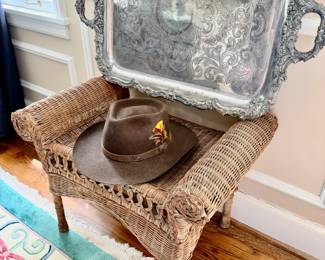Large Ornate silver plate tray and wicker chair