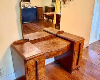 Vintage Art Deco burl walnut vanity or dressing table