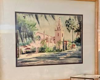 watercolor painting depicts the Knowles Memorial Chapel at Rollins College in Winter Park, Florida