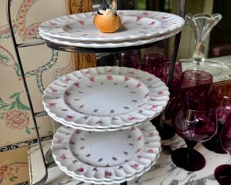 Spode Dimity pattern on three-tiered serving stand 