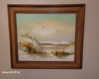 J.Thompson vintage seashore painting in woodwicker frame