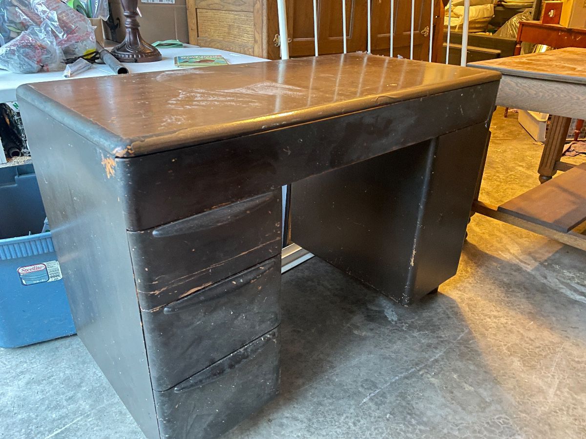 1951 Heywood Wakefield Desk in terrible condition. (Originally Champagne, but my grandma painted it brown.)
