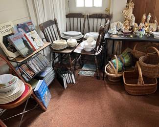 Dishes baskets books chairs