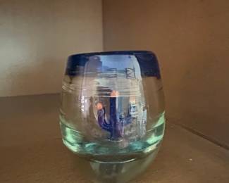 Hand Blown shot glass with Cobalt Blue Rim and Cactus Detail