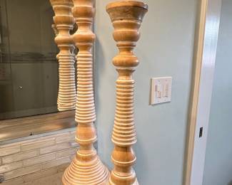 Large Turned Wood Candlesticks Set of   Distressed Finish