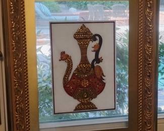 Framed Tanjore Painting Depicting a Peacock and a Swan on a Pitcher