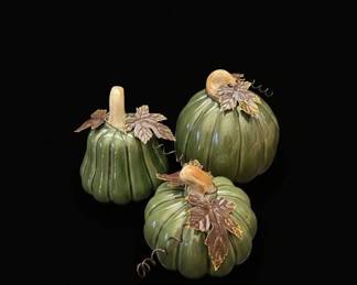 Set of Three Ceramic Pumpkins with Gold Leaves and Wire Tendrils