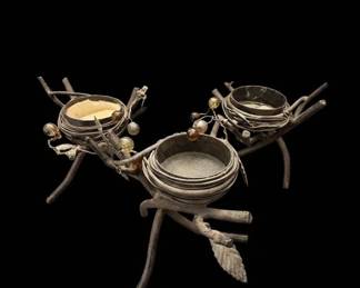 Rustic Metal Birds Nest Candle Holder with Beaded Accents