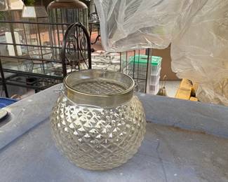 Vintage Diamond Cut Glass Hurricane Lamp Shade or Candle Holder with Metal Rim and Handles
