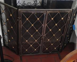 TriFold Wrought Iron Fireplace Screen with Diamond Pattern and Brass Accents