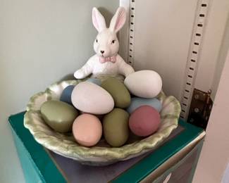 HandPainted Ceramic Bunny Cookie Dish with Eggs
