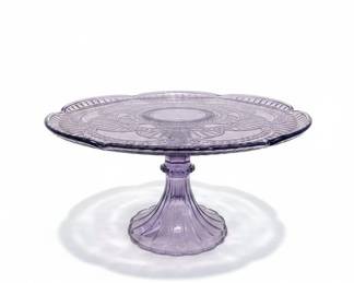 Amethyst Glass Cake Stand with Embossed Floral or Sunburst Pattern second image