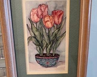 Watercolor Painting of Tulips in a Decorative Pot