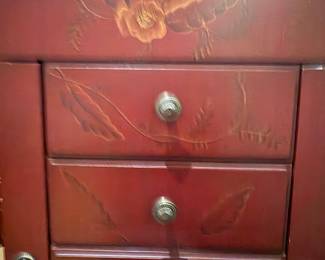 Vintage Red Jewelry Armoire with Bird and Floral Motif