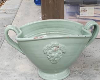 Large Green Glazed Ceramic Urn Planter with Medusa Head Motif