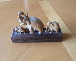 Carved Wooden Elephant Family on Base