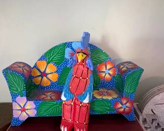 Oaxacan Wood Carving Folk Art Rooster on Bench Alebrije Style