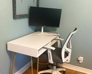 White Writing Desk with Gold Hairpin Legs and Drawer