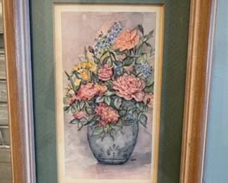 Vintage Julia Crainer Floral Watercolor in Wooden Frame